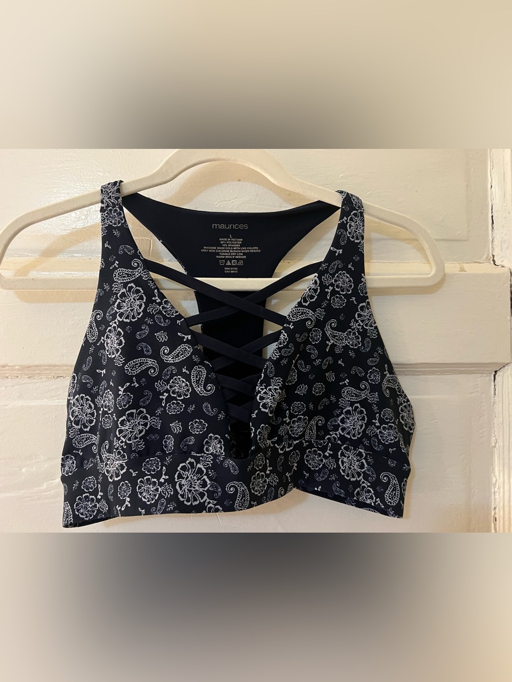 Maurices Dark Navy Floral Criss-cross Lace Up Racerback Wireless Yoga Bralette